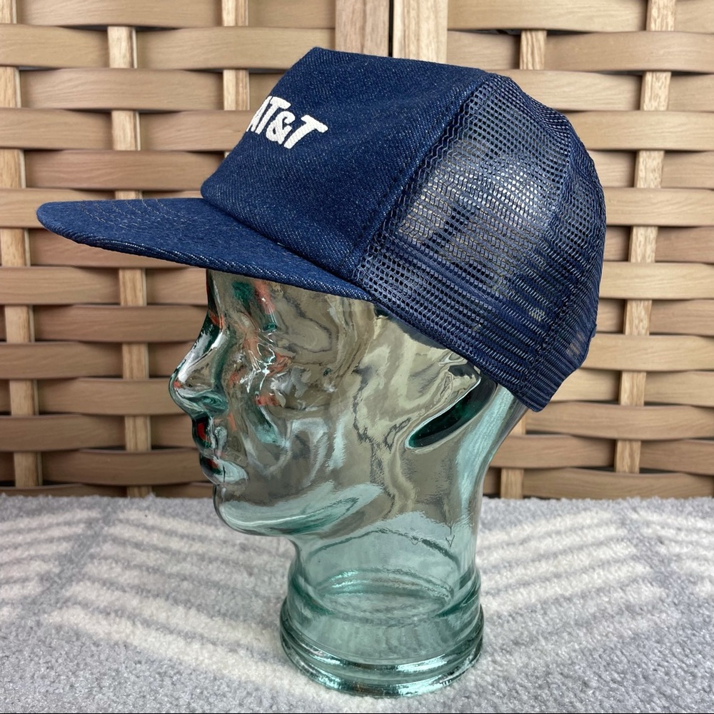 AT&T Vintage 80s Puffy Graphic Denim Trucker Hat Made In USA Royces